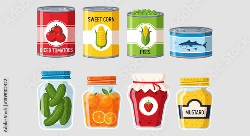 A collection of canned goods and preserved food items in jars