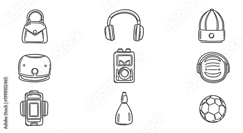 Collection of everyday icons representing modern technology and lifestyle accessories