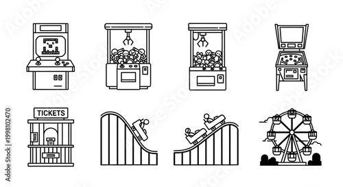 Outline vector icons set of classic amusement park rides and popular arcade games, perfect for entertainment and leisure themes