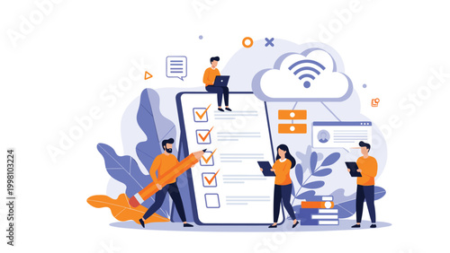 Project management team marks completed tasks on giant checklist using digital devices to track workflow and ensure productivity.