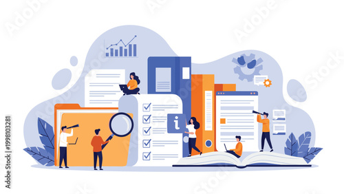 Office workers organize documents and search through folders and large books to find important information for business analytics.