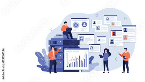 Data center technicians manage server racks and digital profiles to ensure secure network connectivity and efficient file storage.