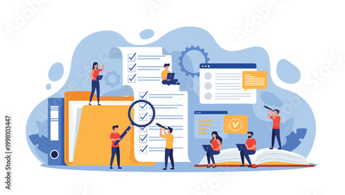 Focused auditors use magnifying glasses and digital tools to check business compliance and financial records on large documents.