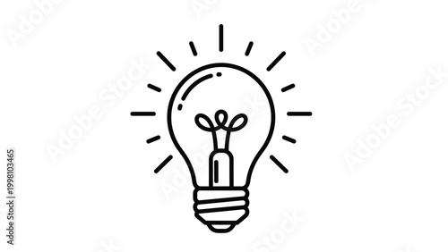 Bright glowing lightbulb icon in line art style representing creativity innovation and the spark of a new business idea on white.
