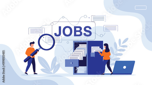 Recruitment professionals using magnifying glass and filing cabinets to search for candidates and open job positions in flat design.