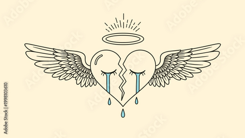 Broken heart with angel wings and halo weeping blue tears on a light beige background symbolizing grief loss and heartbreak.
