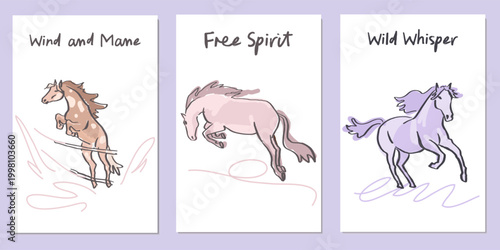 A set of vertical postcards featuring horses in motion with motivational quotes. Hand-drawn vector illustration.