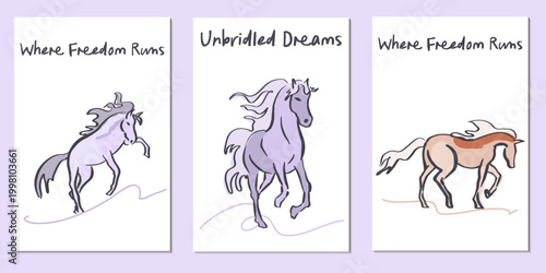 A set of vertical postcards featuring horses in motion with motivational quotes. Hand-drawn vector illustration.