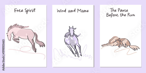 A set of vertical postcards featuring horses in motion with motivational quotes. Hand-drawn vector illustration.