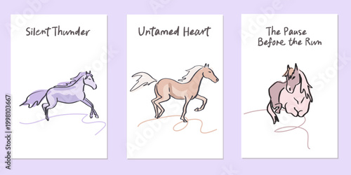 A set of vertical postcards featuring horses in motion with motivational quotes. Hand-drawn vector illustration.