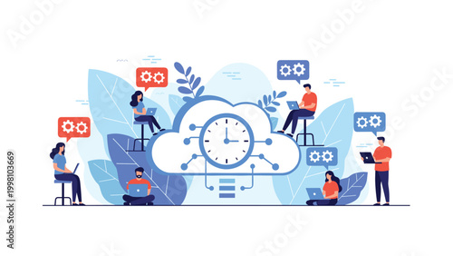 Group of people using laptops for remote work and cloud computing tasks around a large time management icon with a clock.
