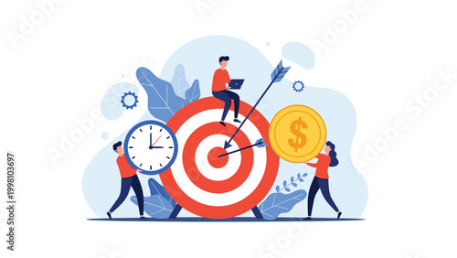 People working together to hit a target with arrows representing business goals financial success and timely project completion.