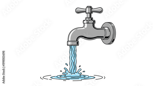 Illustration of a metallic water tap with blue fresh water flowing into a pool representing clean resources and sanitation.