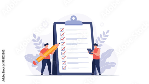 Team of people checking off tasks on a giant clipboard list representing productivity organization and successful project management.