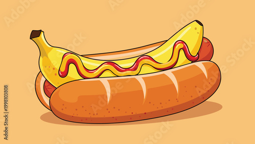 Surreal food art illustration of a hot dog featuring a yellow banana with ketchup and mustard instead of a traditional meat sausage.