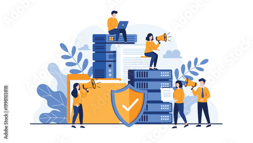 Secure data storage team protecting server racks and digital files under a large shield symbol to ensure corporate information safety.