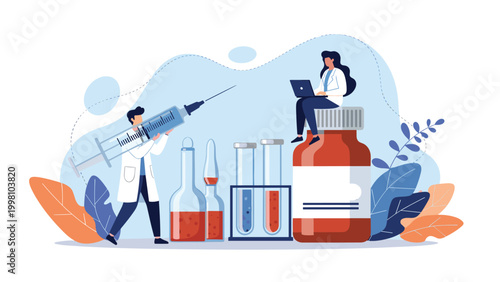 Medical research team working with giant vaccine syringes medicine bottles and test tubes to develop pharmaceutical health solutions.