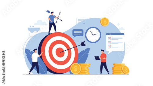 Business success and goal achievement concept with people aiming at a target near a clock and stacks of gold money coins.