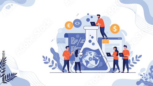 Scientific discovery and global innovation concept with people working around a large flask containing a world globe and computer code.