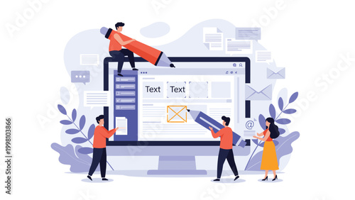 Creative content writing and website design concept with people using giant pencils to edit text and layouts on a large monitor screen.