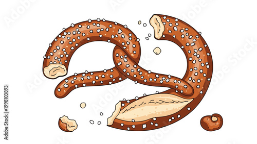 Crunchy salted pretzel broken into several pieces with scattered salt crystals and crumbs on a clean white background for food art.