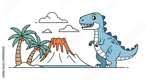 Cartoon dinosaur with tropical landscape colorful silhouette