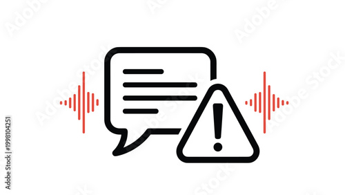 Digital communication alert featuring a speech bubble with an exclamation mark warning icon set against sound wave patterns for notifications.
