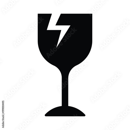 Fragile Glass Icon with Broken Crack Symbol, Minimal Black Silhouette for Packaging Labels, Shipping Warning Sign for Delicate Items, Warehouse Logistics and Delivery Safety Use