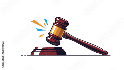 Classic wooden judge gavel hitting its sound block with impact lines representing justice legal proceedings and courtroom law enforcement authority.