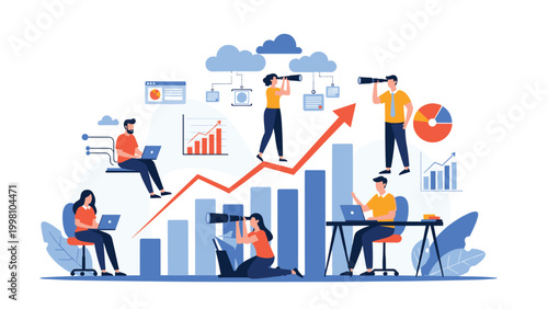 Business intelligence and big data concept with a large team of specialists analyzing complex charts and cloud network growth statistics together.