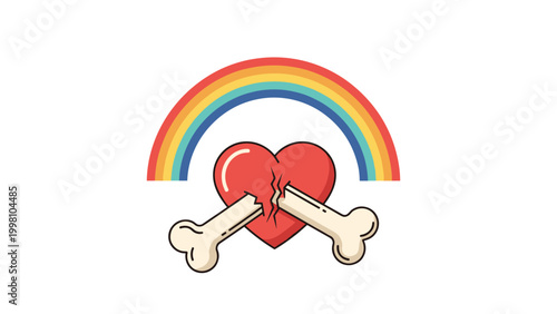 Emotional healing concept featuring a broken bone over a red heart symbol with a rainbow to represent recovery from heartbreak and trauma.