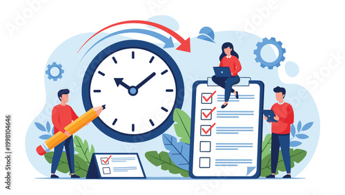 Professional business team managing productivity with a large clock and task checklist to ensure all project deadlines are met efficiently.
