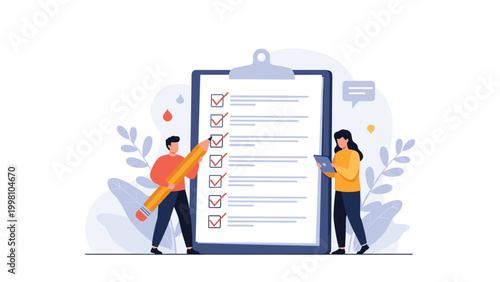 Task management and compliance concept with two professionals reviewing a large clipboard checklist to ensure quality control and project success.