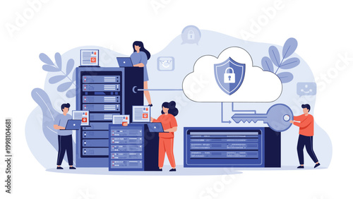 Cybersecurity team managing cloud data protection with large server racks firewalls and encryption keys to secure business information systems.