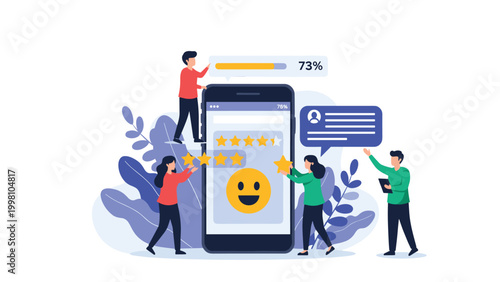 Customer characters providing positive feedback and five star ratings on large smartphone screen with happy emoji for reputation.