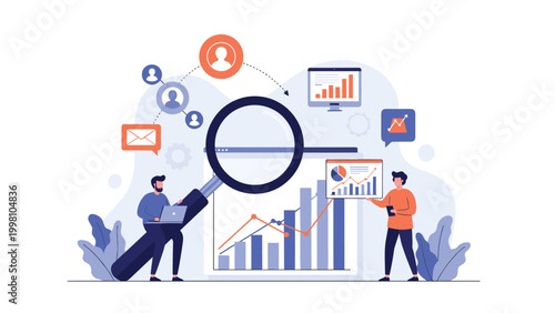 Business team analyzing financial growth charts and data metrics through large magnifying glass for strategic research and success.