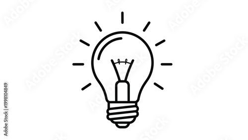 Simple black line art illustration of glowing light bulb representing creative idea innovation and bright inspiration concept.