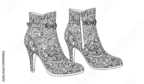 Glamorous Golden Female Boots and High Heels Doodle Art Fashion Coloring Illustration