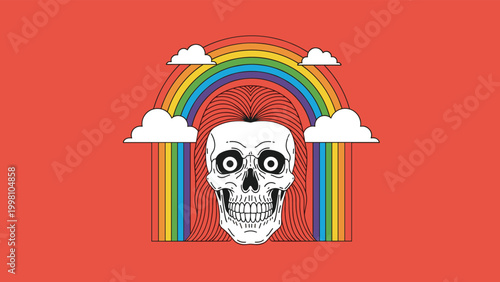 Artistic illustration of human skull with long red hair framed by colorful rainbow and white clouds on solid orange background.