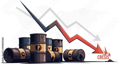 Oil barrels and falling stock market graph symbolizing crisis.