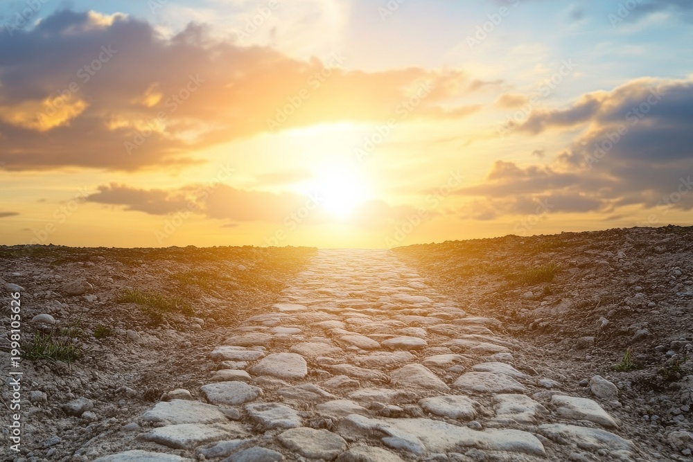 Obraz premium Pathway to success shows stone road leading toward the bright sun in the horizon under cloudy sky