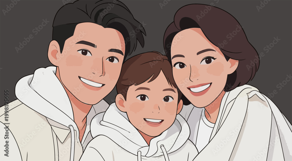Fototapeta premium Warm Family Portrait of Three People in Casual Hoodies