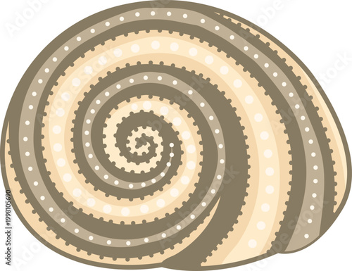 Beige spiral seashell with decorative dots circular swirl marine shell isolated