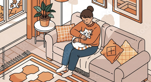 Woman sitting on beige couch with white cat in living room with plants and framed pictures