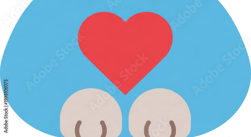 Cute cartoon face with red heart on blue background and smiling eyes