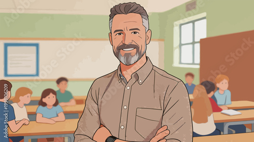 Friendly Male Teacher Standing in Primary School Classroom