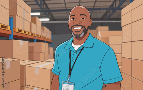 Smiling Warehouse Worker Standing In Stockroom Full of Cardboard Boxes