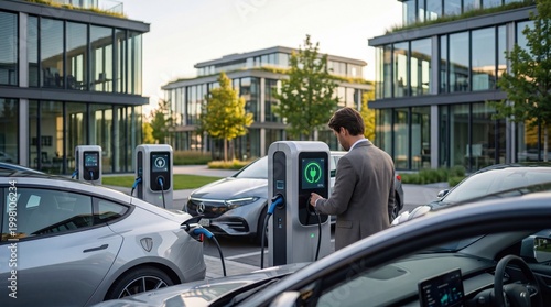 Businessman using electric vehicle charging station in modern urban parking lot with luxury cars