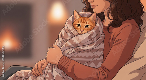 Woman snuggles warm orange cat in cozy blanket by fireplace at home