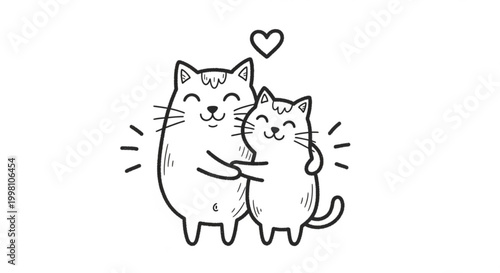 Two cute cats hugging with heart above expressing love and friendship in a simple line drawing